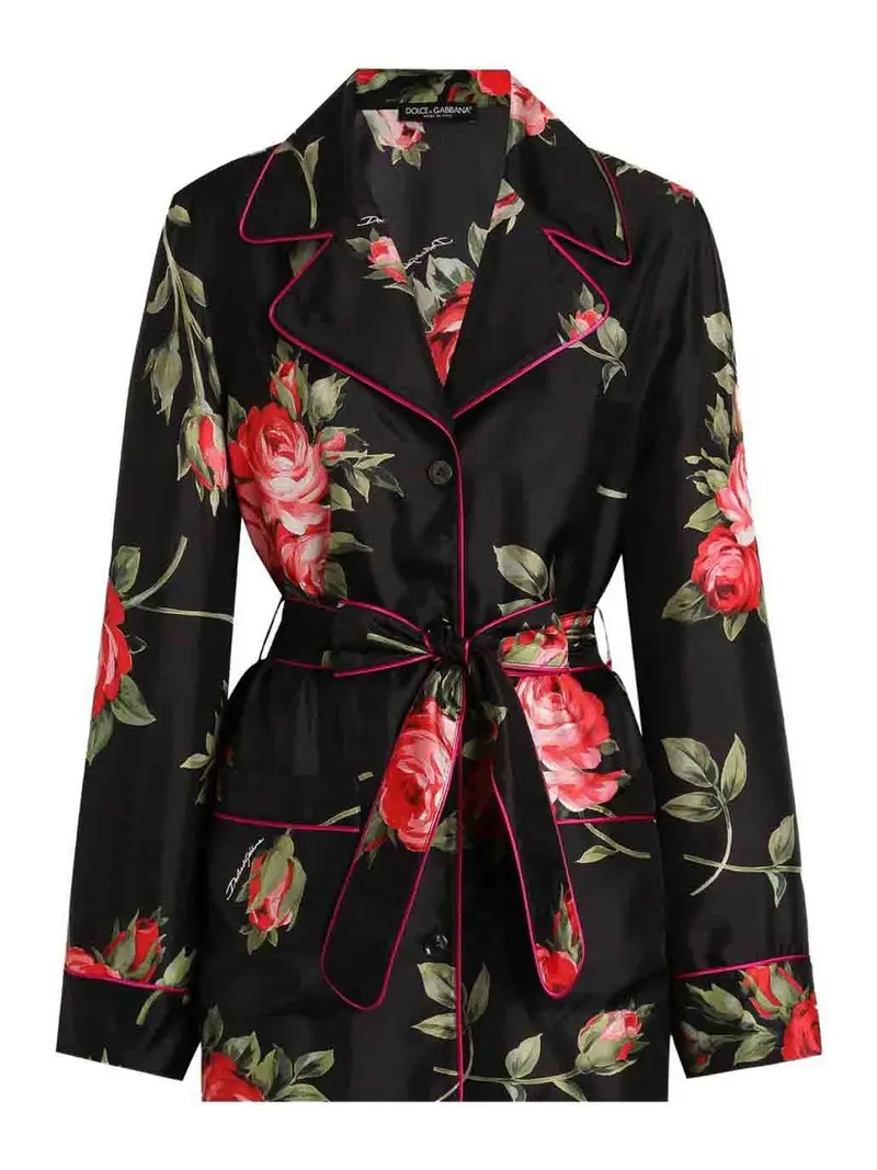 Camicia in seta con stampa bouquet di rose Nero