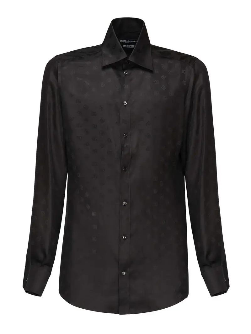 Camicia logo jacquard in seta martini Nero