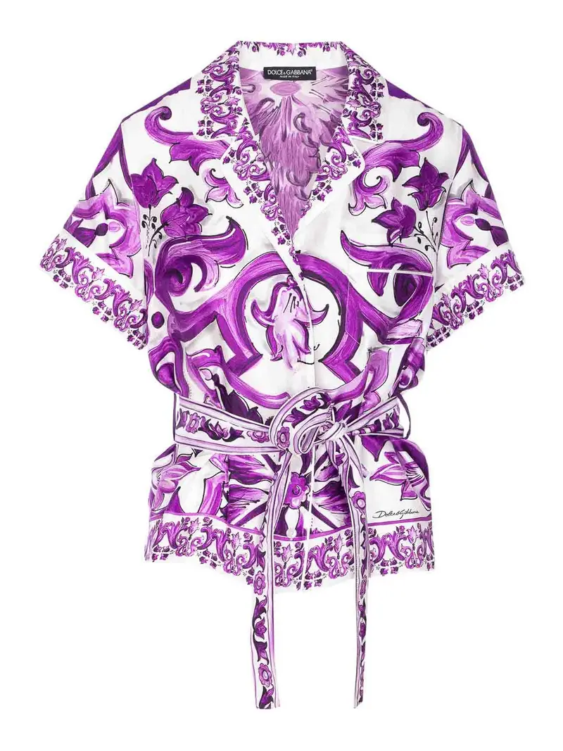 Camicia stampata maiolica con cintura Viola