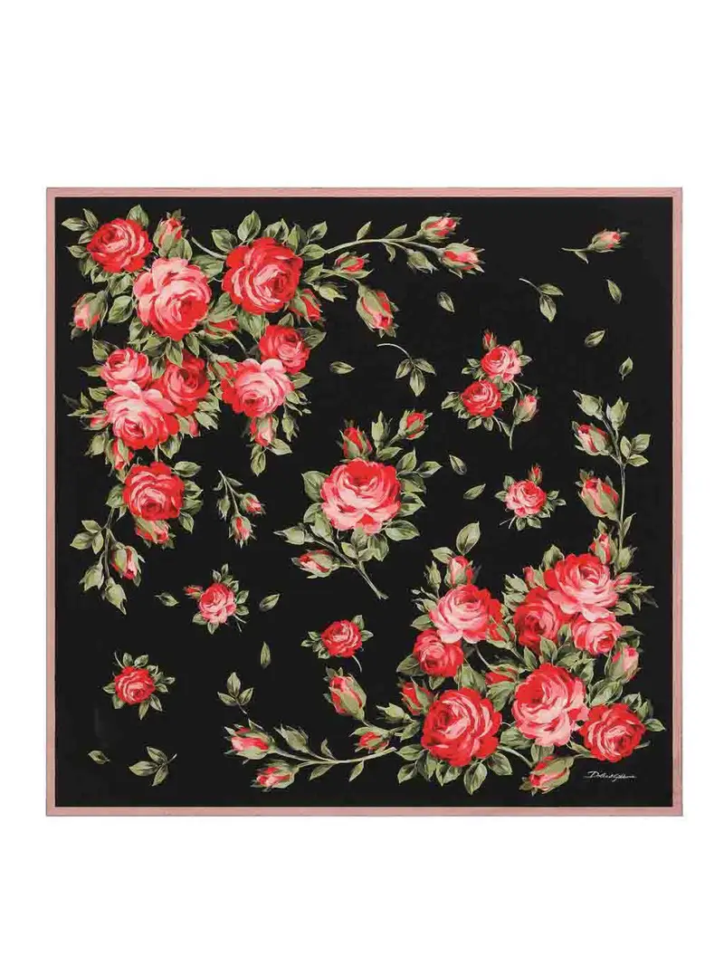 Foulard in seta con stampa bouquet di rose Nero