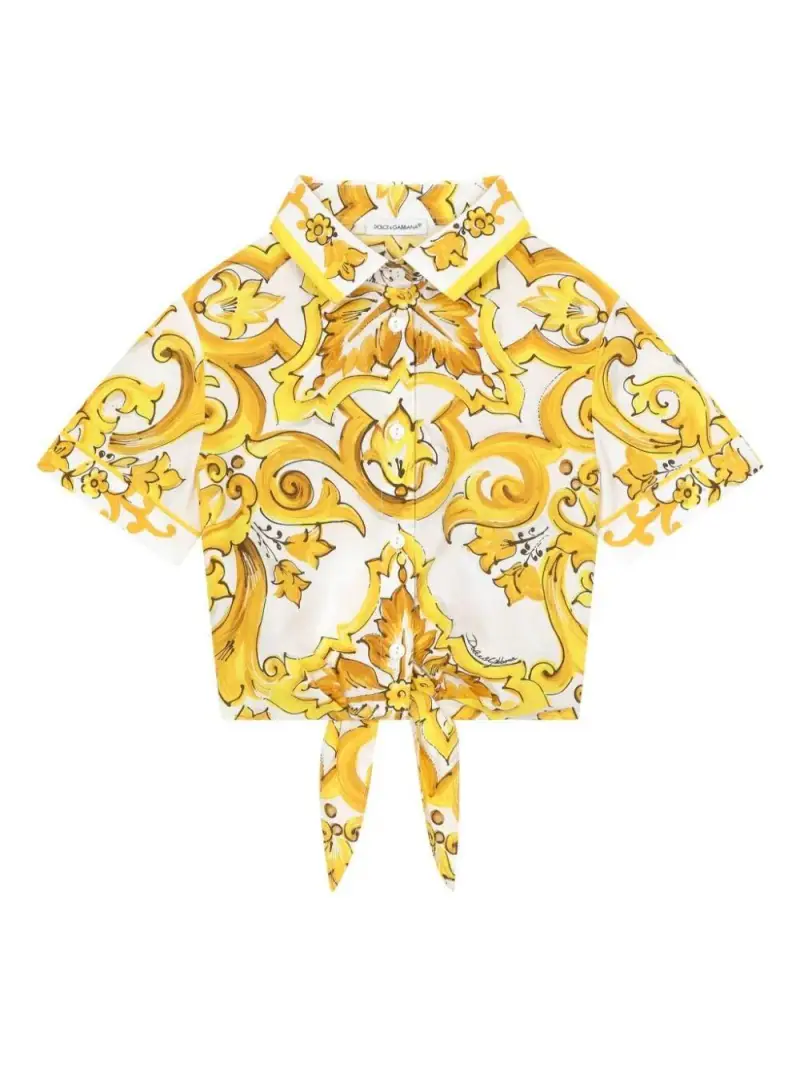 Camicia crop stampa maiolica bianco/giallo