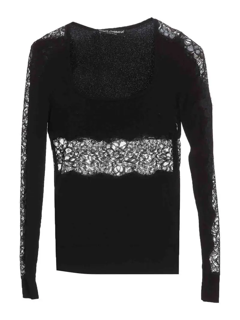 Pullover nero girocollo in pizzo
