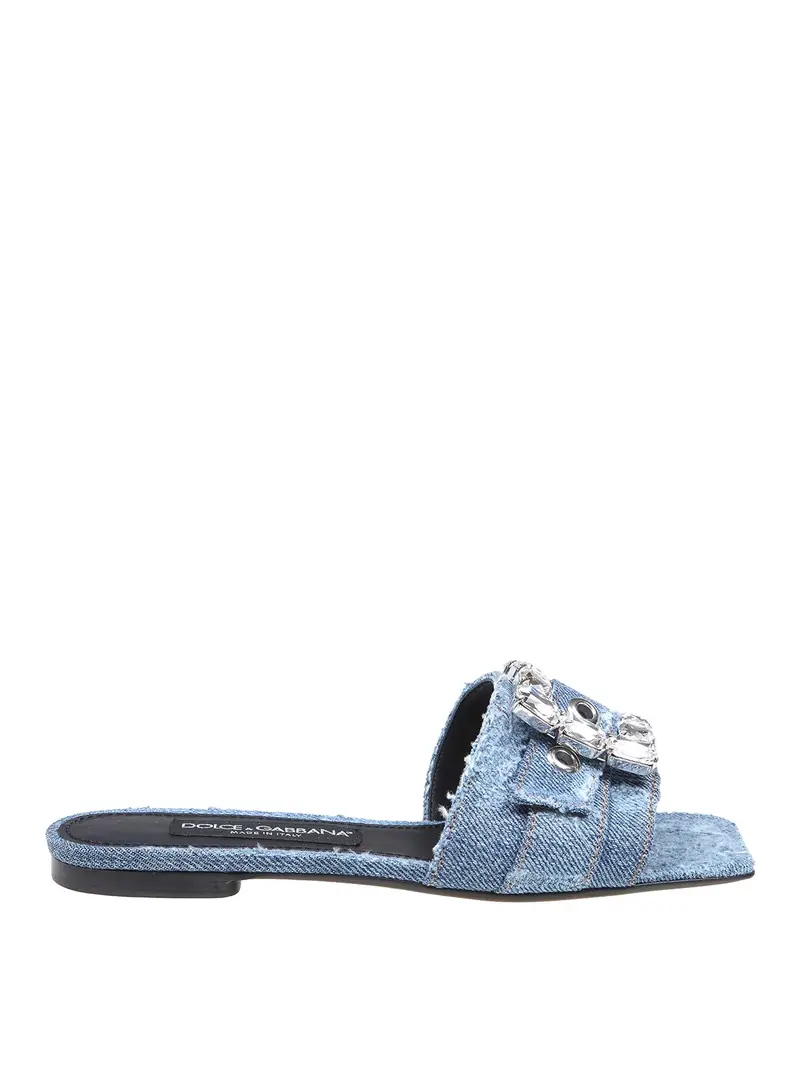 Sandali bassi in denim con fibbia strass Lavaggio chiaro