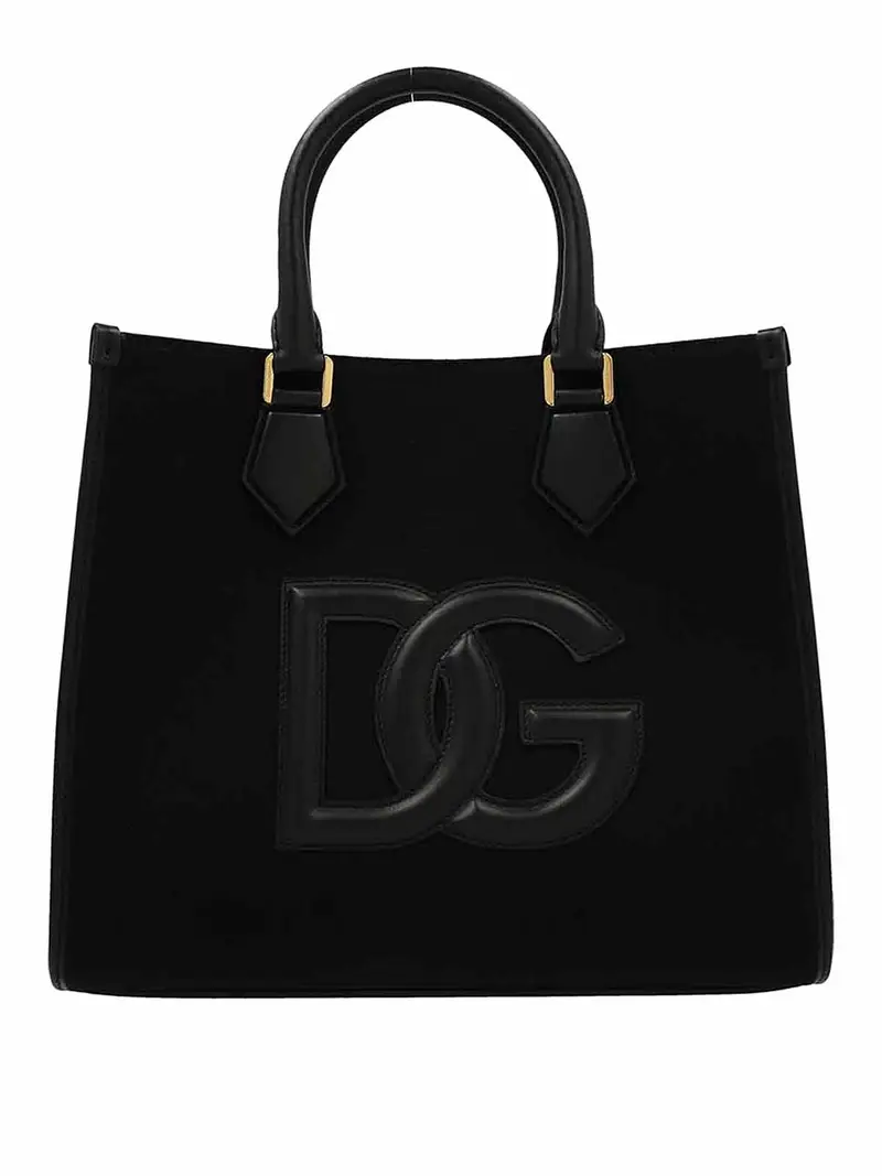 Shopper in canvas con logo in pelle Nero
