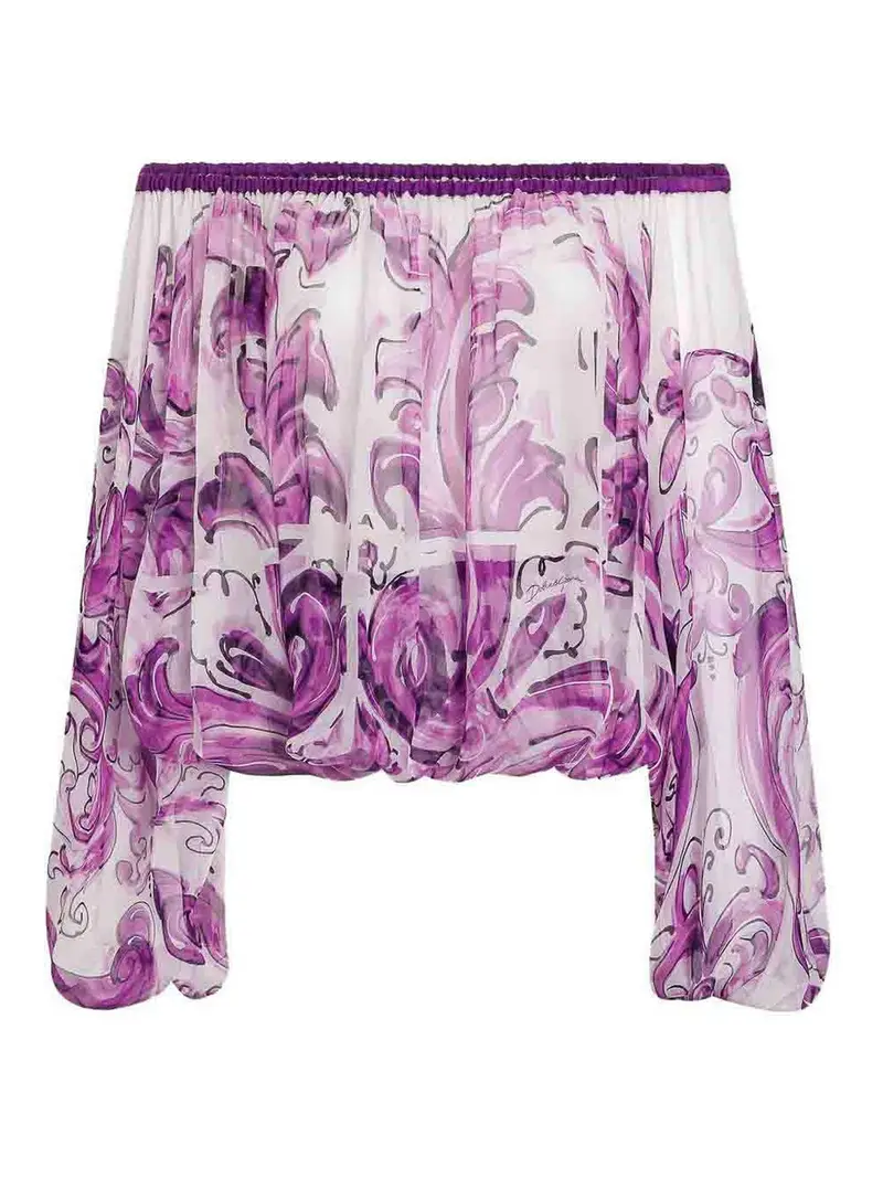 Top in chiffon di seta di majolica-stampa Bianco