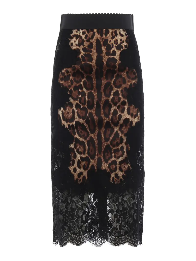 Tubino in raso di seta stampa leo e pizzo Nero