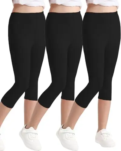 Domee Leggings 3/4 Pinocchietti Pantaloni Corti Cotone Estivi Bambina 3 Pack, Nero 12