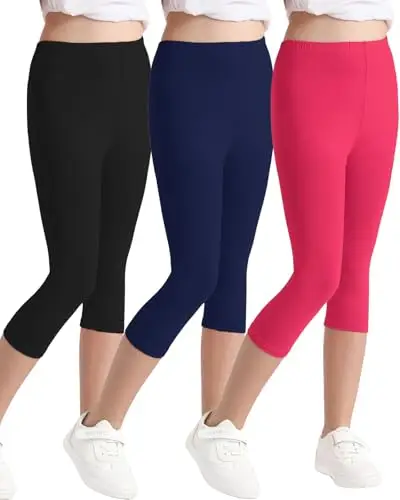 Domee Leggings 3/4 Pinocchietti Pantaloni Corti Cotone Estivi Bambina 3 Pack, Nero Marino Rosa 12