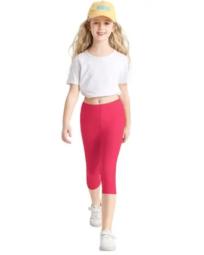 Domee Leggings 3/4 Pinocchietti Pantaloni Corti Cotone Estivi Bambina 3 Pack, Nero Marino Rosa 8 miniatura 2