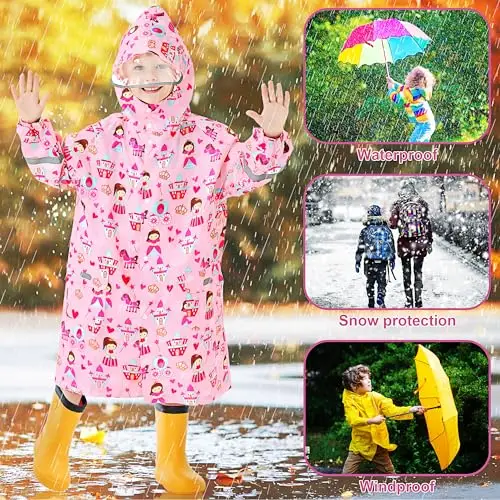 Domueay Impermeabile Bambina Poncho Antipioggia Leggero Cappuccio Mantella Antipioggia Portatile Poncho Pioggia miniatura 2