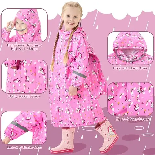 Domueay Impermeabile Bambina Poncho Antipioggia Leggero Cappuccio Unicorno Mantella Antipioggia Portatile Poncho miniatura 3