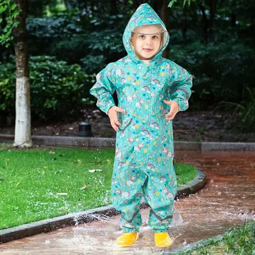 Domueay Tuta Impermeabile Bambina Antipioggia Completo Impermeabile Leggero Tutto in Uno Tuta Pioggia Portatile Giacca miniatura 2