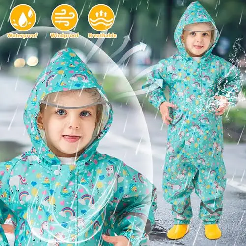 Domueay Tuta Impermeabile Bambina Antipioggia Completo Impermeabile Leggero Tutto in Uno Tuta Pioggia Portatile Giacca miniatura 3