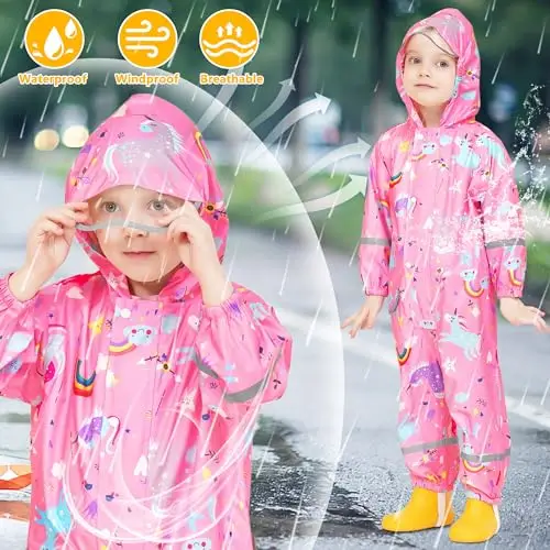 Domueay Tuta Impermeabile Bambina Antipioggia Completo Leggero Tutto in Uno Portatile Giacca Ragazze 7 miniatura 3