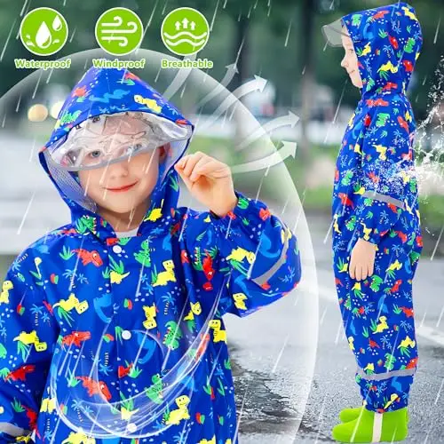 Domueay Tuta Impermeabile Bambino Antipioggia Completo Leggero Tutto in Uno Portatile Giacca Ragazzi 5 miniatura 3