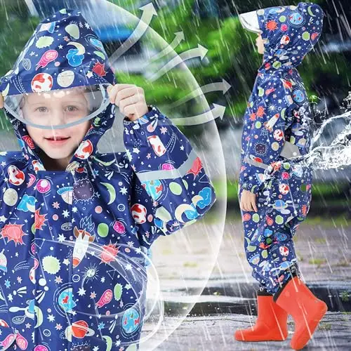 Domueay Tuta Impermeabile Bambino Antipioggia Completo Leggero Tutto in Uno Portatile Giacca Ragazzi 7 miniatura 3