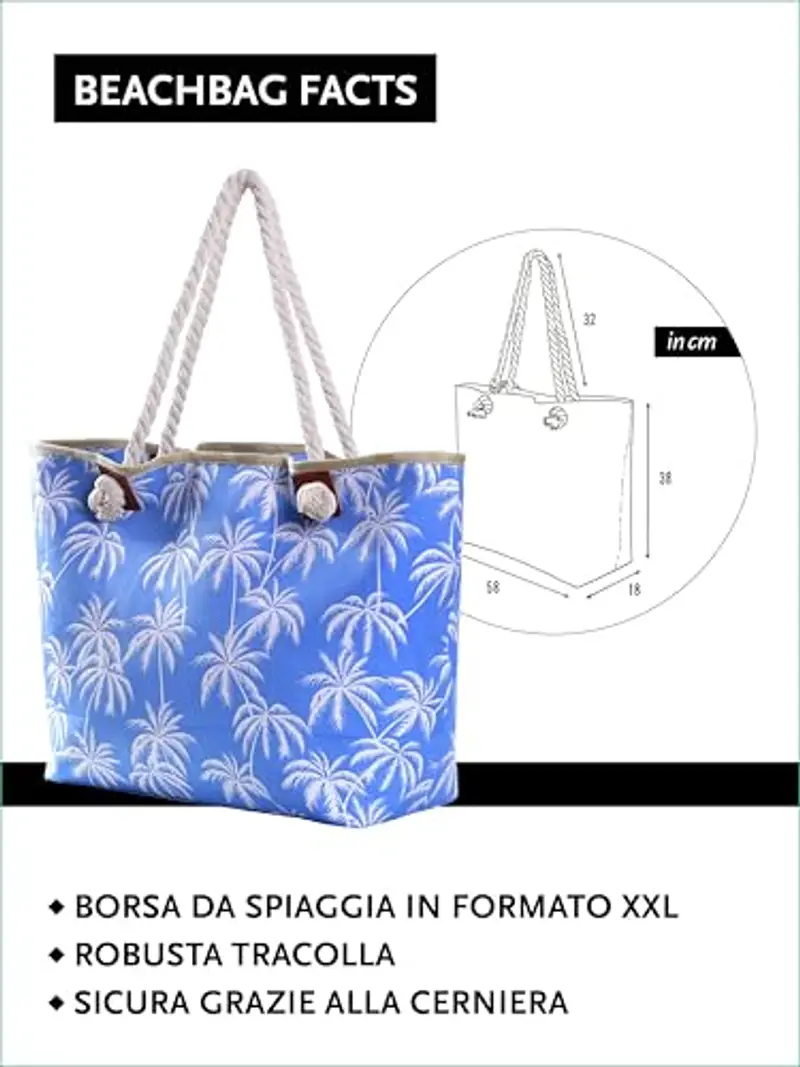 DonDon Borsa da spiaggia grande con cerniera 58 x 38 x 18 cm shopper stile marino con palme blu miniatura 2