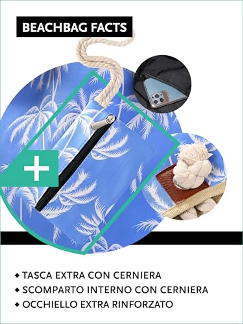 DonDon Borsa da spiaggia grande con cerniera 58 x 38 x 18 cm shopper stile marino con palme blu miniatura 3