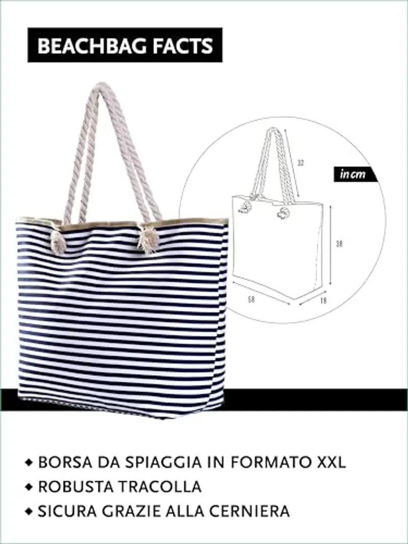 DonDon Borsa da spiaggia grande con cerniera 58 x 38 x 18 cm shopper stile marino con strisce bianche e azzurro scuro miniatura 2