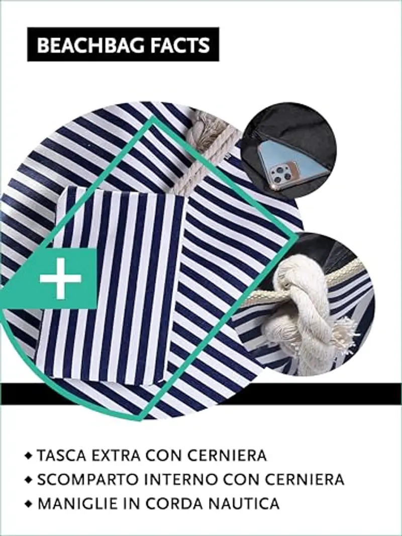 DonDon Borsa da spiaggia grande con cerniera 58 x 38 x 18 cm shopper stile marino con strisce bianche e azzurro scuro miniatura 3