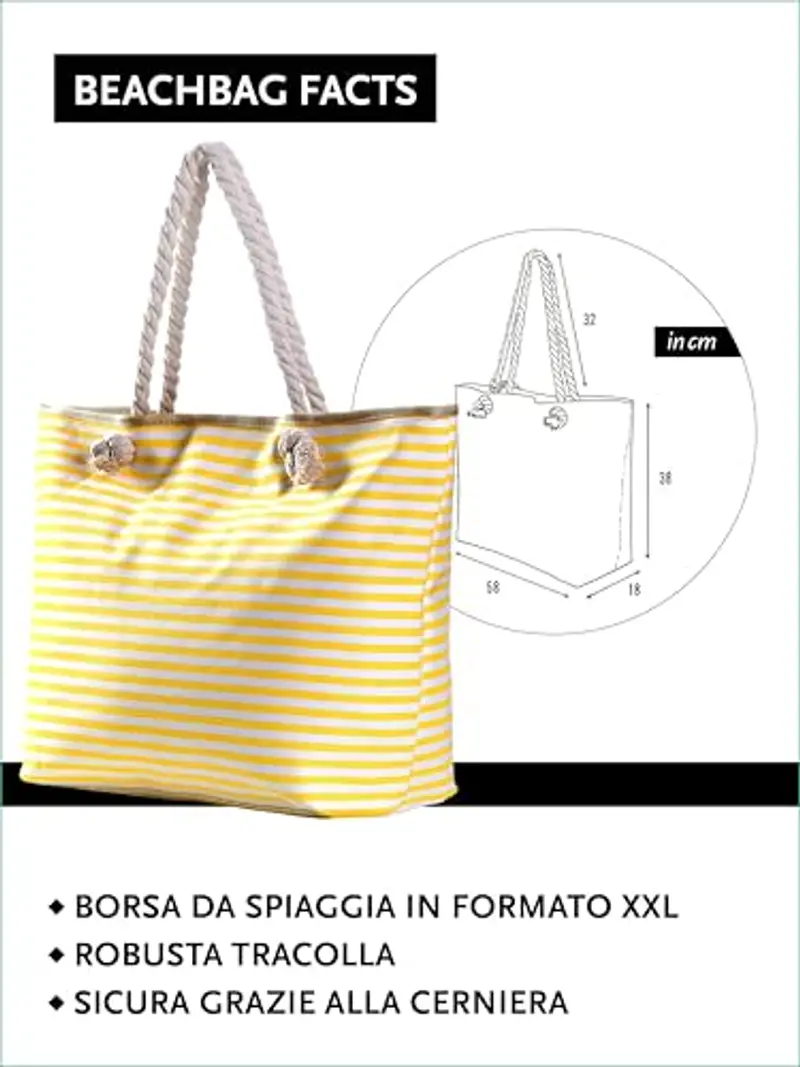DonDon Borsa da spiaggia grande con cerniera 58 x 38 x 18 cm shopper stile marino con strisce bianche e giallo miniatura 2