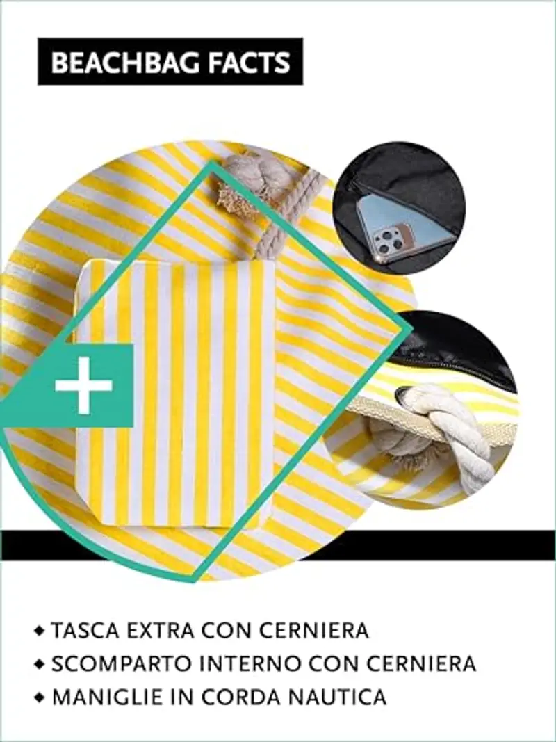 DonDon Borsa da spiaggia grande con cerniera 58 x 38 x 18 cm shopper stile marino con strisce bianche e giallo miniatura 3