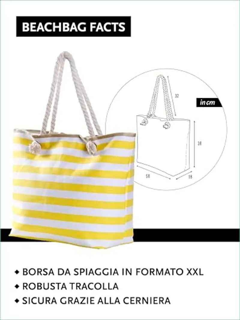 DonDon Borsa da spiaggia grande con cerniera 58 x 38 x 18 cm shopper stile marino con strisce bianche e giallo miniatura 2