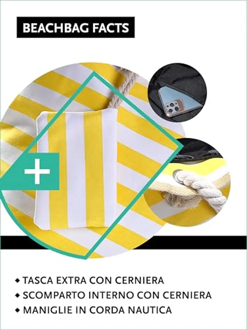 DonDon Borsa da spiaggia grande con cerniera 58 x 38 x 18 cm shopper stile marino con strisce bianche e giallo miniatura 3