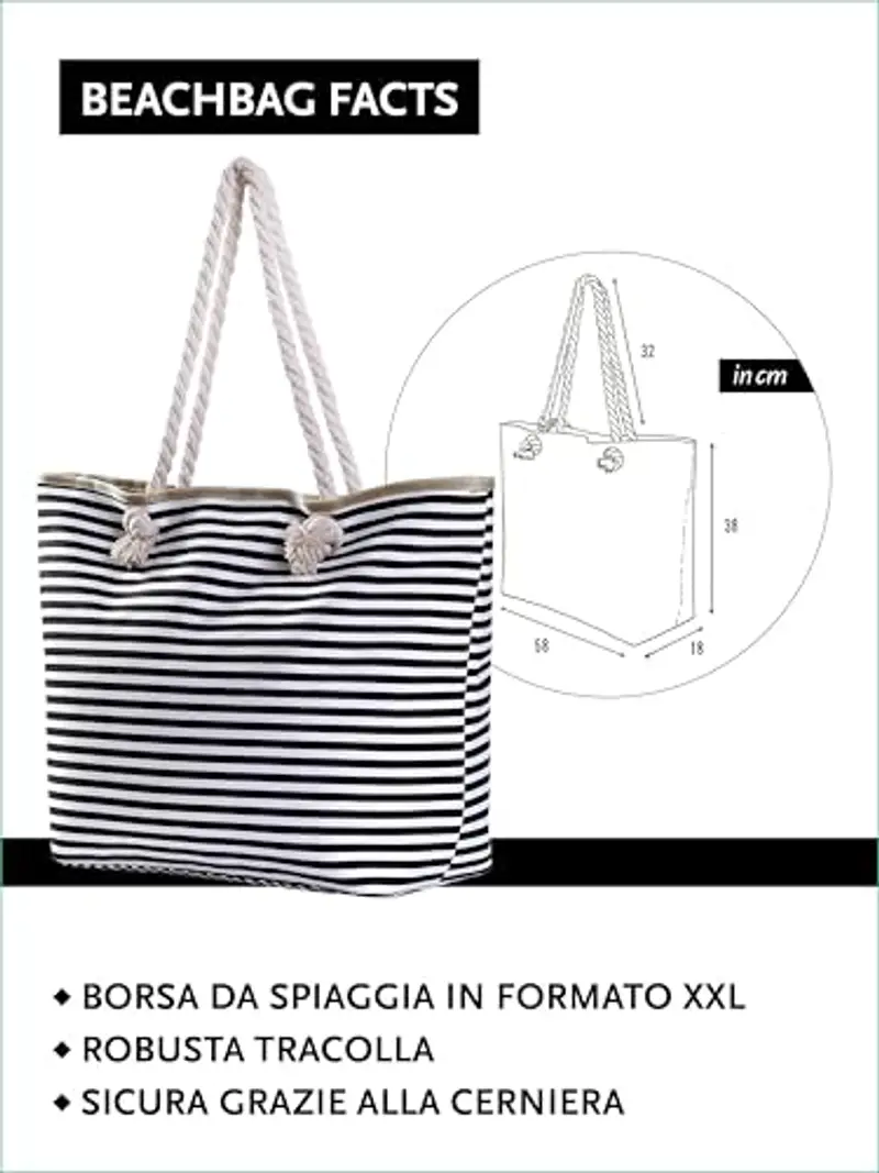 DonDon Borsa da spiaggia grande con cerniera 58 x 38 x 18 cm shopper stile marino con strisce bianche e nere miniatura 2