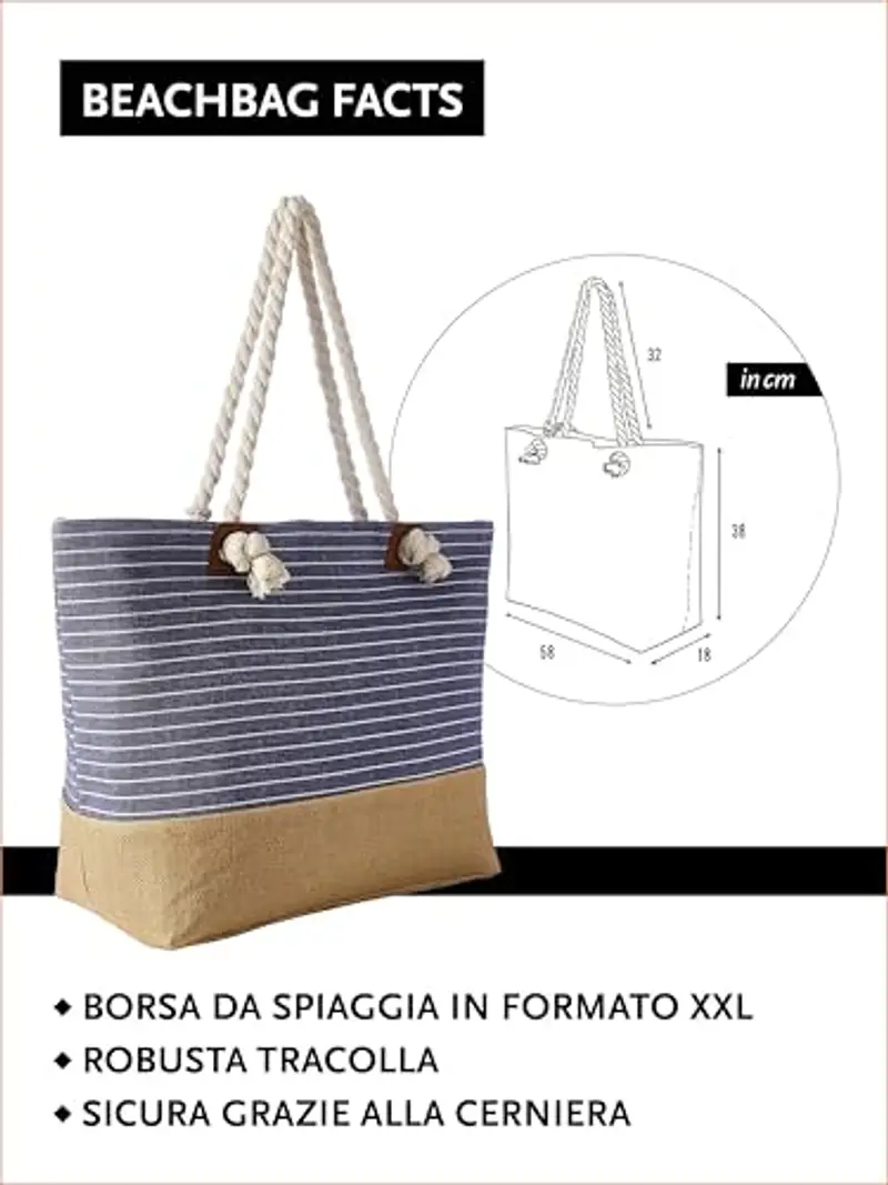 DonDon Grande borsa da spiaggia idrorepellente con cerniera - Blu a righe miniatura 2