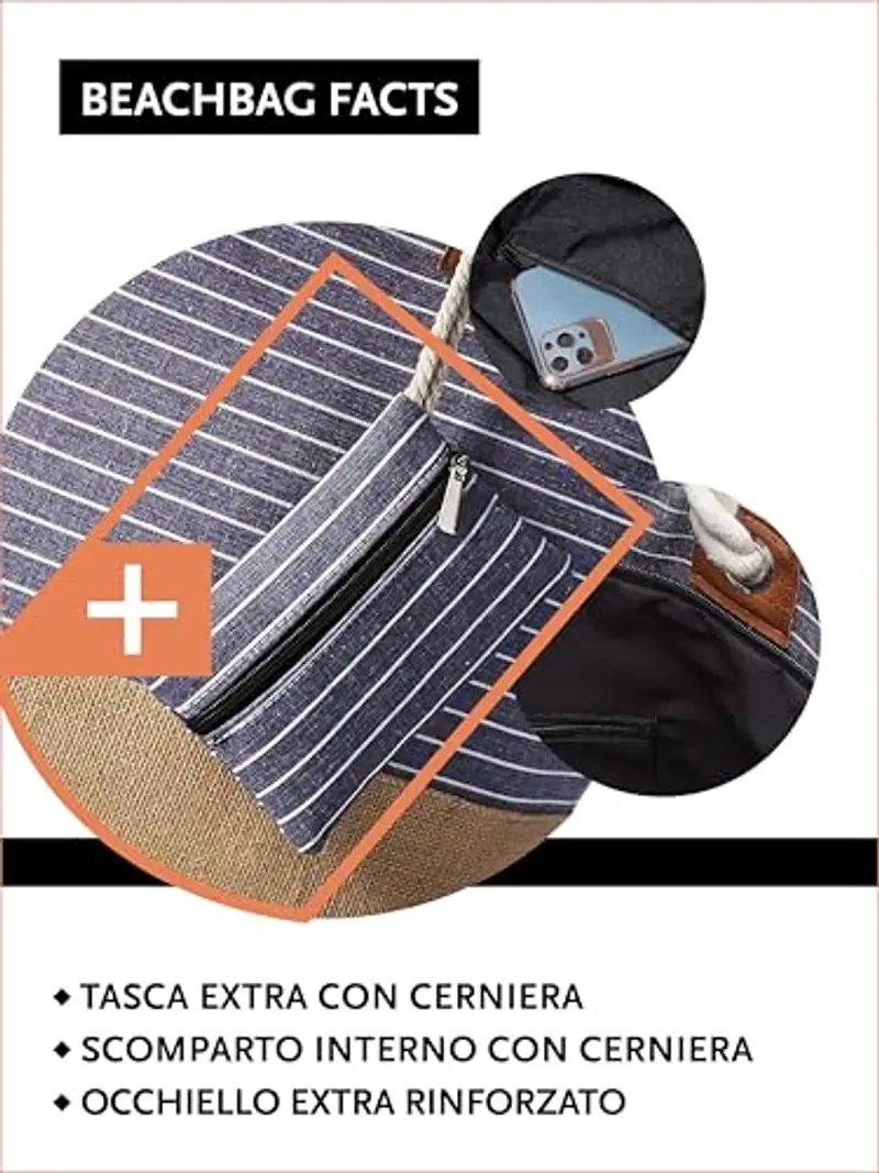 DonDon Grande borsa da spiaggia idrorepellente con cerniera - Blu a righe miniatura 3