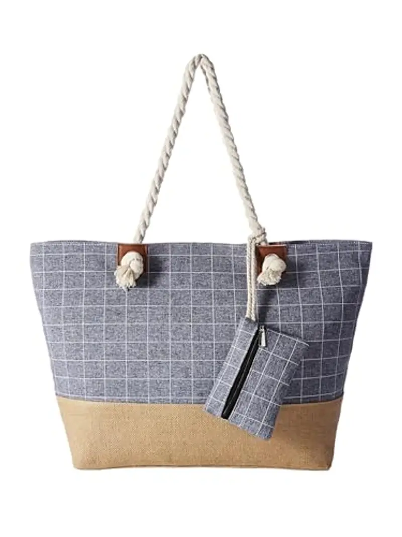 DonDon Grande borsa da spiaggia idrorepellente con cerniera - Motivo a quadri blu