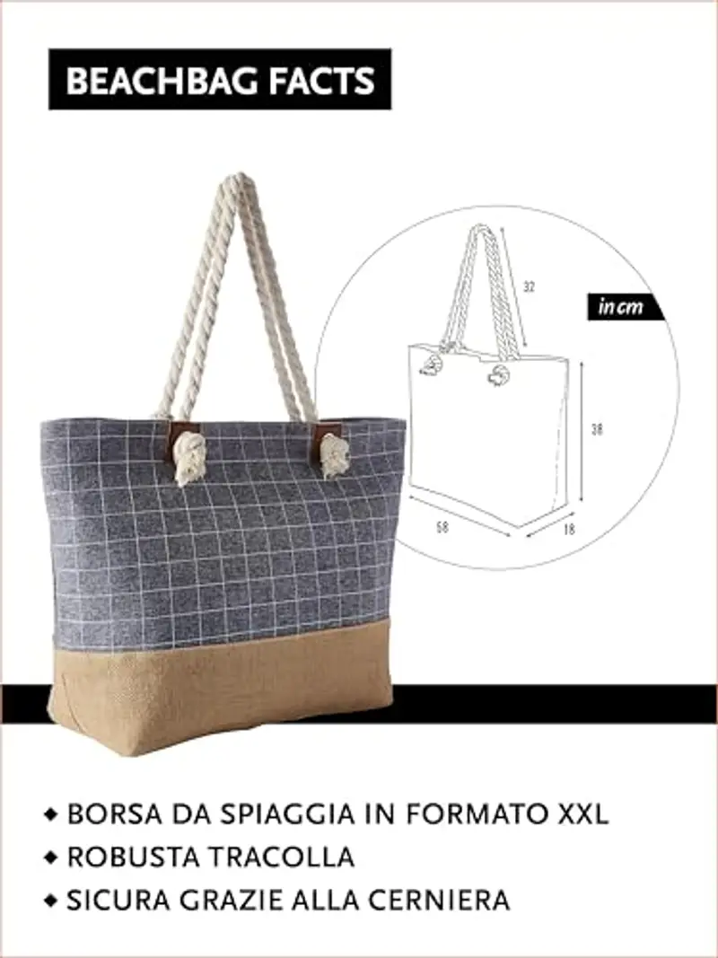 DonDon Grande borsa da spiaggia idrorepellente con cerniera - Motivo a quadri blu miniatura 2