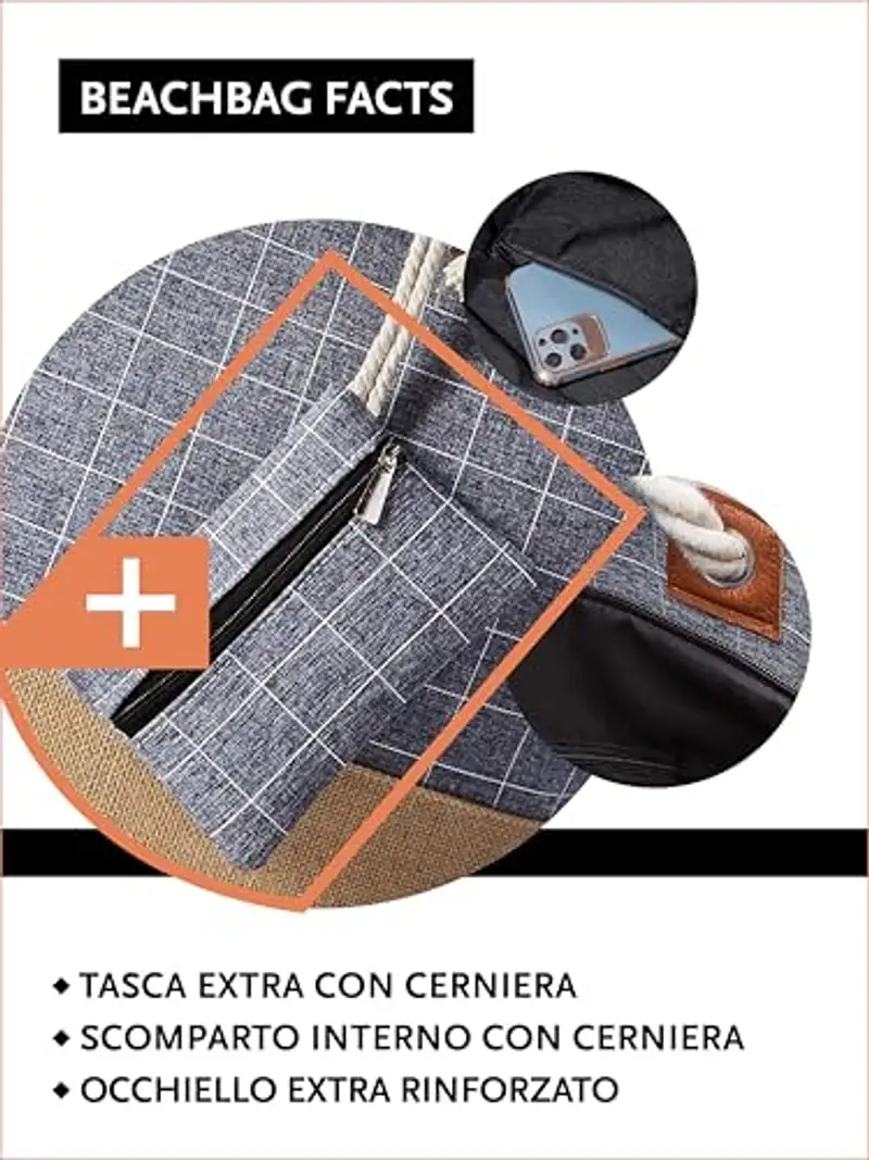 DonDon Grande borsa da spiaggia idrorepellente con cerniera - Motivo a quadri blu miniatura 3