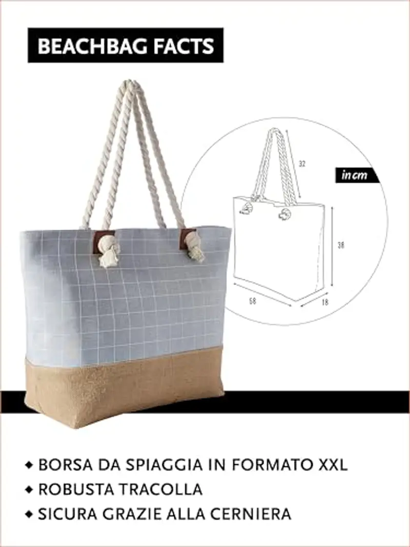 DonDon Grande borsa da spiaggia idrorepellente con cerniera - Motivo a quadri grigio miniatura 2