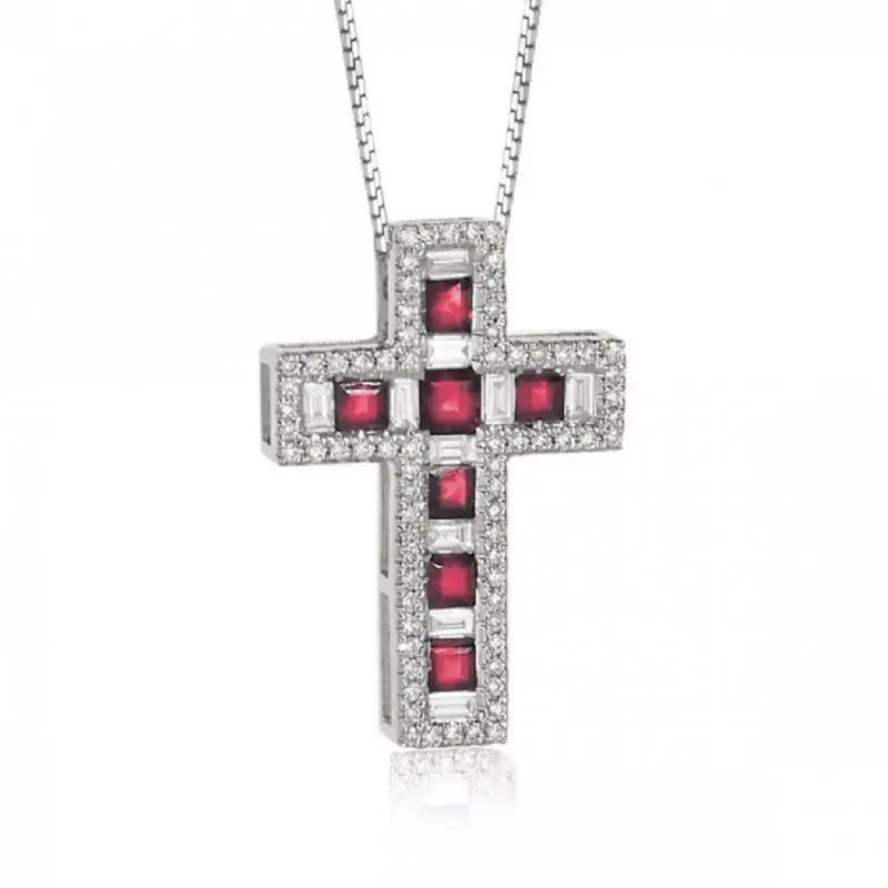 Pendente A Croce Con Rubini E Diamanti - Donna Oro