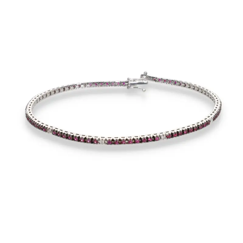 Bracciale tennis in oro bianco rubini diamanti e griffe brunite miniatura 2
