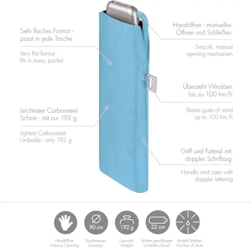 Doppler Ombrello tascabile Carbonsteel Slim Uni – Formato pratico – Leggero – 22 cm, blu ghiaccio, 90 cm miniatura 2