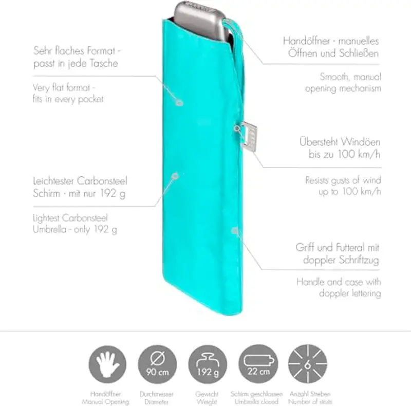 Doppler Ombrello tascabile Carbonsteel Slim Uni – Formato pratico – Leggero – 22 cm, blu, S miniatura 2