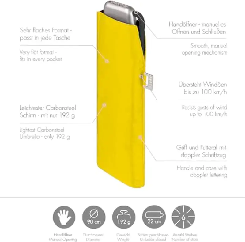 Doppler Ombrello tascabile Carbonsteel Slim Uni – Formato pratico – Leggero – 22 cm, Giallo brillante, 90 cm miniatura 2