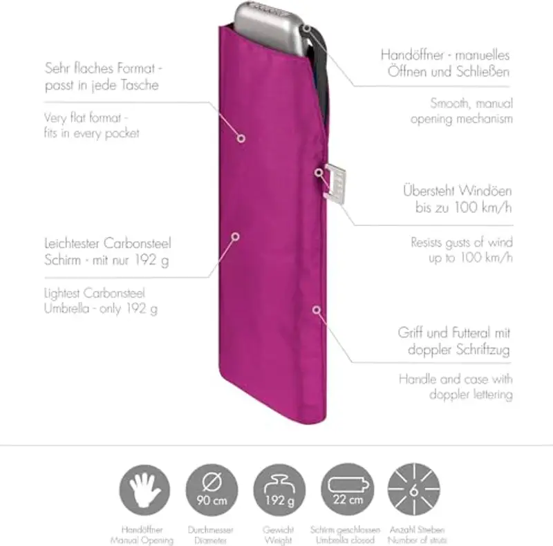 Doppler Ombrello tascabile Carbonsteel Slim Uni – Formato pratico – Leggero – 22 cm, Rosa fantasia, 90 cm miniatura 2