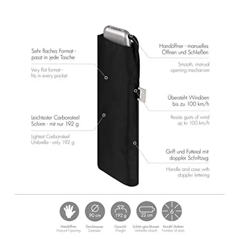 Doppler Ombrello tascabile Carbonsteel Slim Uni - Pratico - Leggero come una piuma - 22 cm - Nero miniatura 2