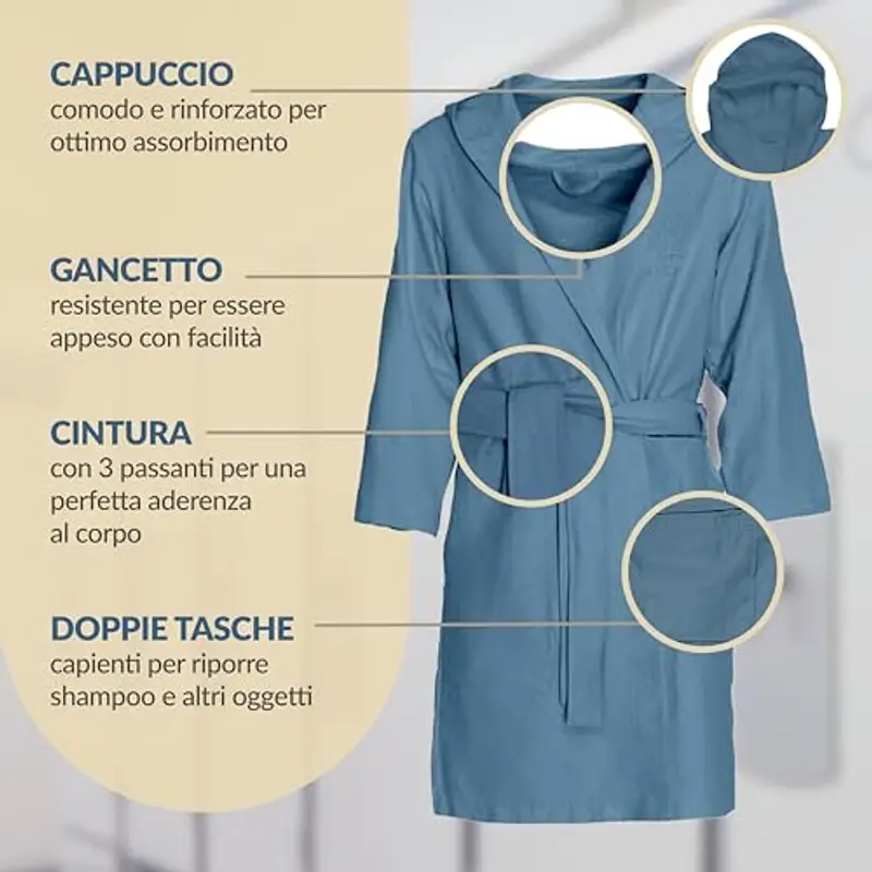 Dorian Home - Accappatoio Bambino Bambina in Microfibra Anallergico, Morbido, Leggero Salvaspazio Assorbente, Rapida Asciugatura con Cappuccio, Tasche, Cintura a Passanti e Gancio, Lavabile (no Stiro) miniatura 3