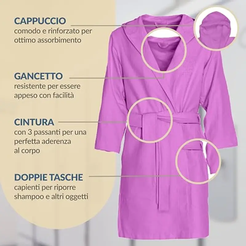 Dorian Home - Accappatoio Bambino Bambina in Microfibra Anallergico, Morbido, Leggero Salvaspazio Assorbente, Rapida Asciugatura con Cappuccio, Tasche, Cintura a Passanti e Gancio, Lavabile (no Stiro) miniatura 3