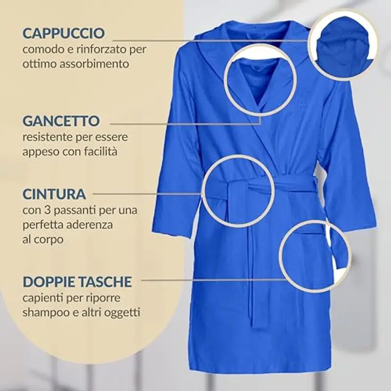 Dorian Home - Accappatoio Bambino Bambina in Microfibra Anallergico, Morbido, Leggero Salvaspazio Assorbente, Rapida Asciugatura con Cappuccio, Tasche, Cintura a Passanti e Gancio, Lavabile (no Stiro) miniatura 3