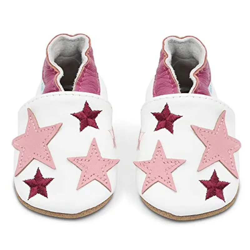 Dotty Fish Scarpine a Piedi Nudi per Bambine in Morbida Pelle. Marchio Britannico. Antiscivolo, approvate dai podologi, Traspiranti, Leggere, Flessibili - Bianco con Stelle Rosa 6-12 Mesi miniatura 2