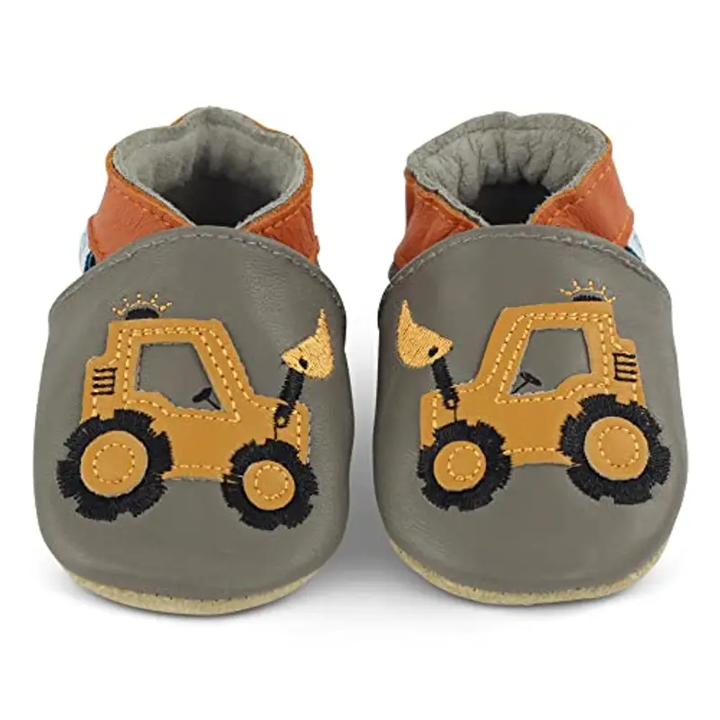 Dotty Fish Scarpine per Bambini e Neonati in Morbida Pelle - Piedi Nudi, Suola Antiscivolo, consigliate dai podologi, Pelle Traspirante, Marchio Britannico - Grigio con Escavatore Giallo 0-6 Mesi miniatura 2