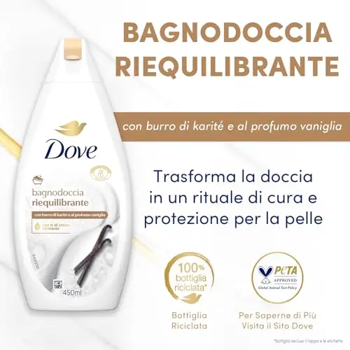 Dove Bagnodoccia Riequilibrante, Idratante Dermo-Naturale, Burro di Karité e Vaniglia, 1/4 Crema Idratante miniatura 3