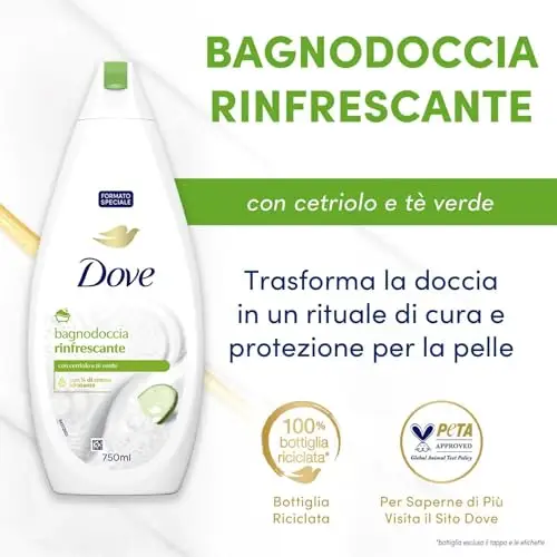 Dove Docciaschiuma Rinfrescante, Idratante Dermo-Naturale, Cetriolo e Tè Verde, 1/4 Crema Idratante, Dermatologicamente miniatura 3
