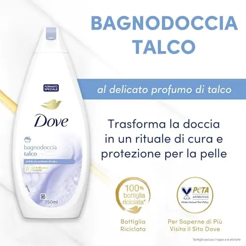Dove Docciaschiuma Talco, Formula con Idratante Dermo-Naturale, con 1/4 di Crema Idratante, Dermatologicamente Testato miniatura 3